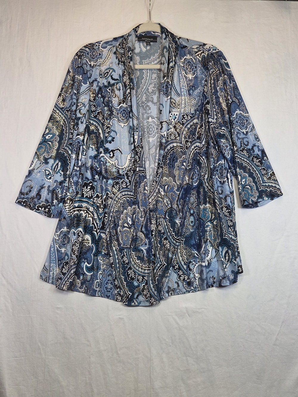 R&M Richards Blue Gold Paisley Open Front Jacket 14W #0329